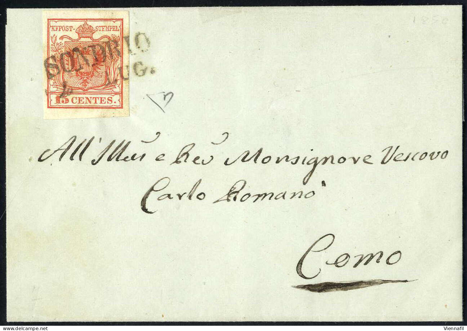 Cover 1850, Lettera Da Sondrio Del 4.7 Per Como Affrancata Con 15 C. Rosso I Tipo Prima Tiratura Carta A Mano, Firmata E - Lombardo-Vénétie