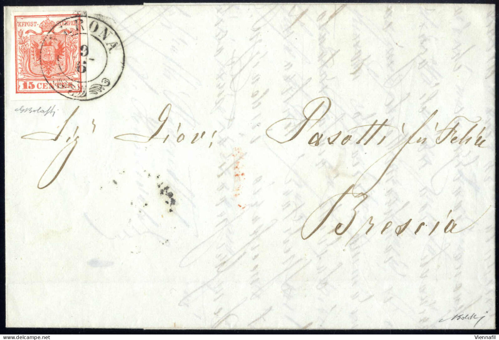 Cover 1850, Lettera Da Verona Del 9.6 Nono Giorno D'uso Per Brescia Affrancata Con 15 C. Rosso I Tipo Prima Tiratura Car - Lombardo-Vénétie