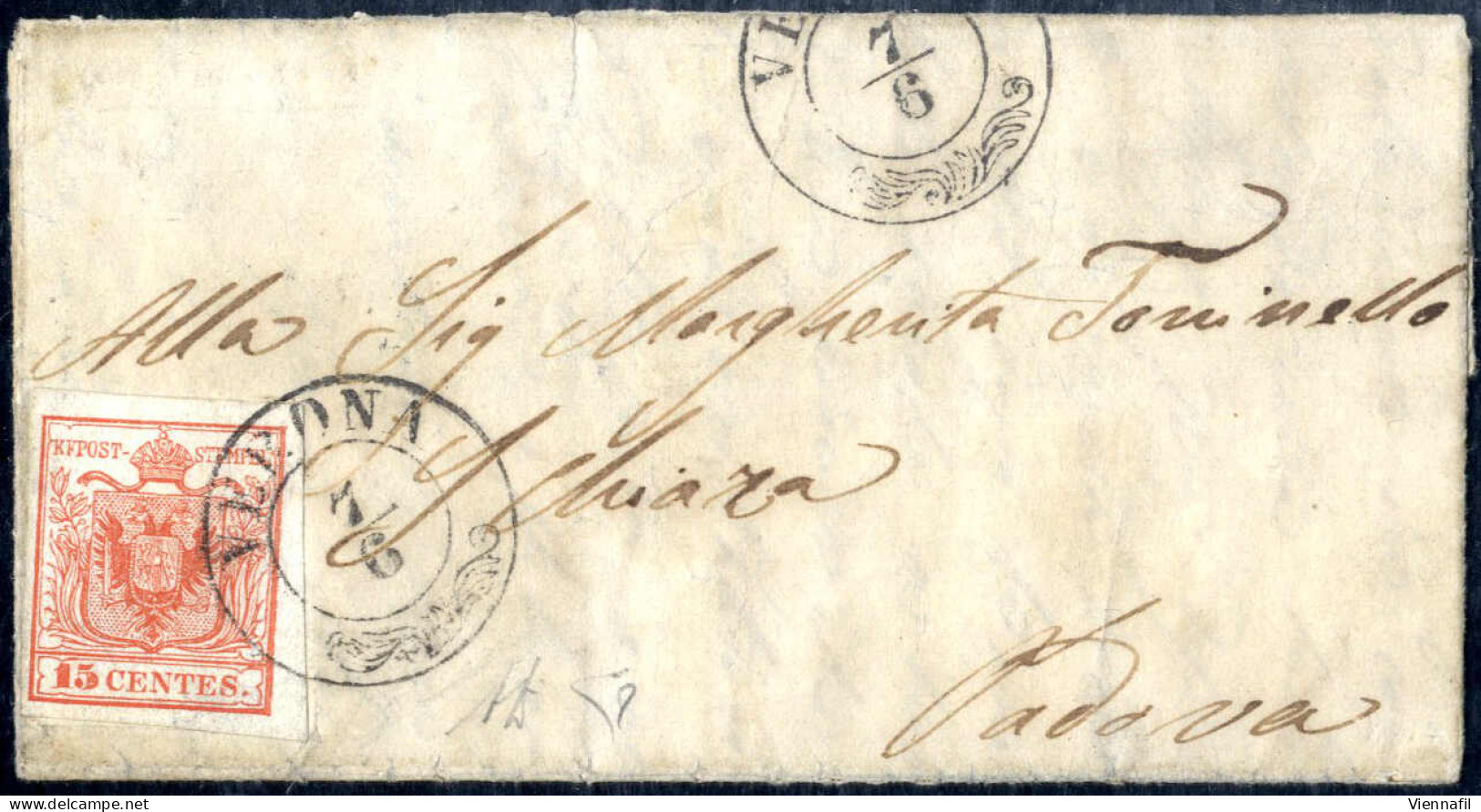 Cover 1850, Minilettera Da Verona Del 7.6 Settimo Giorno D'uso Per Padova Affrancata Con 15 C. Rosso I Tipo Prima Tiratu - Lombardo-Vénétie