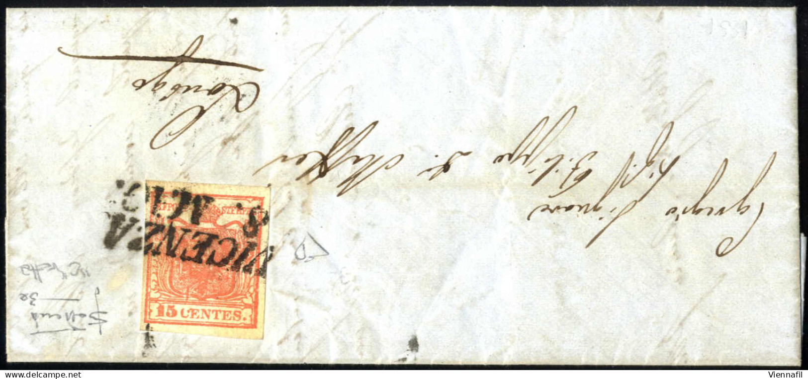 Cover 1851, Lettera Da Vicenza Il 8.5 Per Lonigo Affrancata Con 15 C. Rosso I Tipo Prima Tiratura Carta A Mano Con Difet - Lombardo-Vénétie