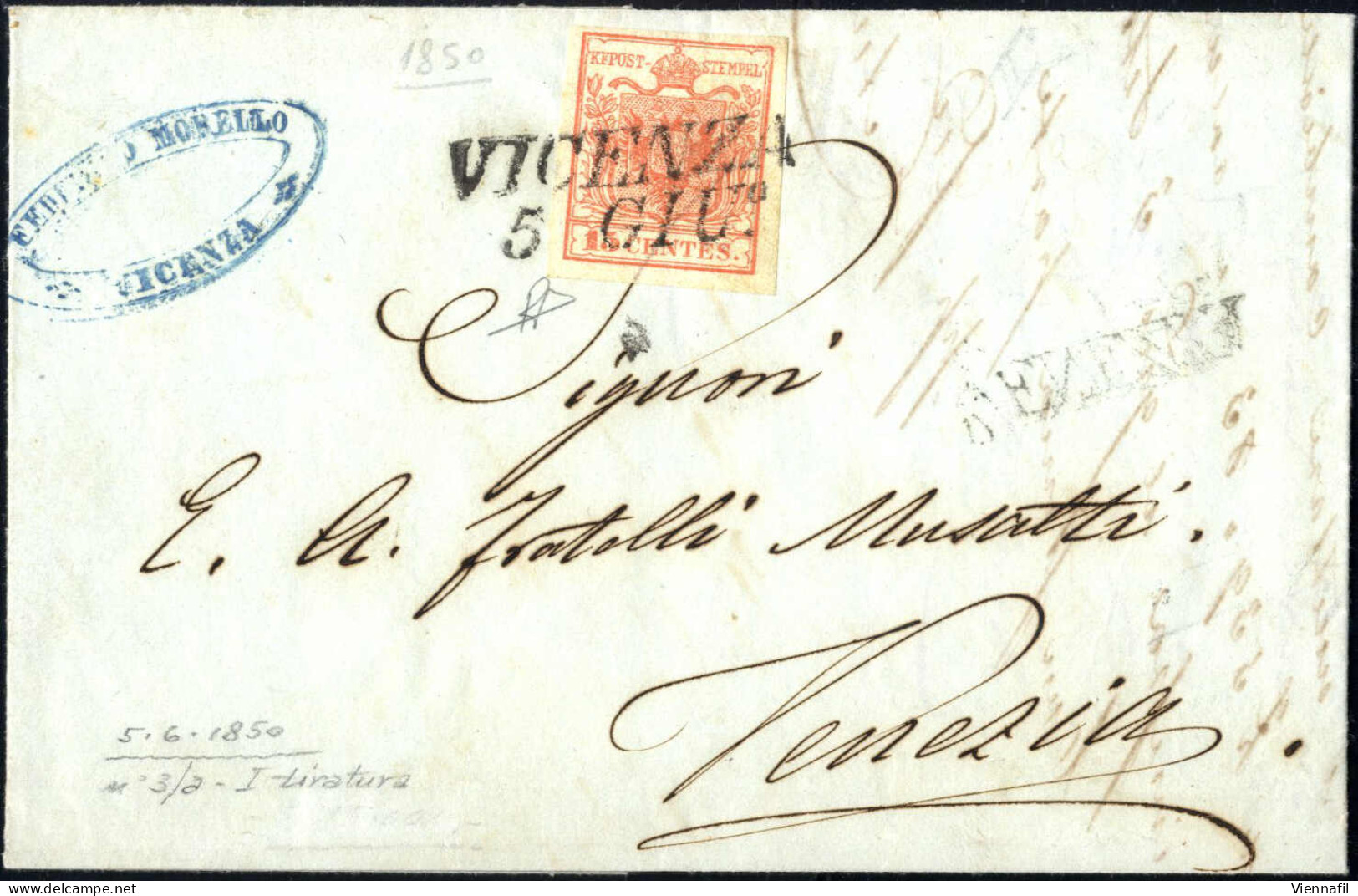 Cover 1850, Lettera Da Vicenza Del 5.6 Quinto Giorno D'uso Per Venezia Affrancata Con 15 C. Rosso Carminio I Tipo Prima  - Lombardo-Vénétie