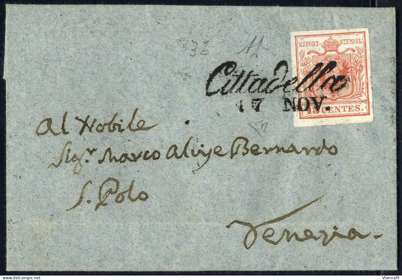 Cover 1850, Minilettera Da Cittadella (Cor. Punti 3) Del 7.11 Per Venezia Affrancata Con 15 C. Rosso Carminio I Tipo Pri - Lombardo-Vénétie