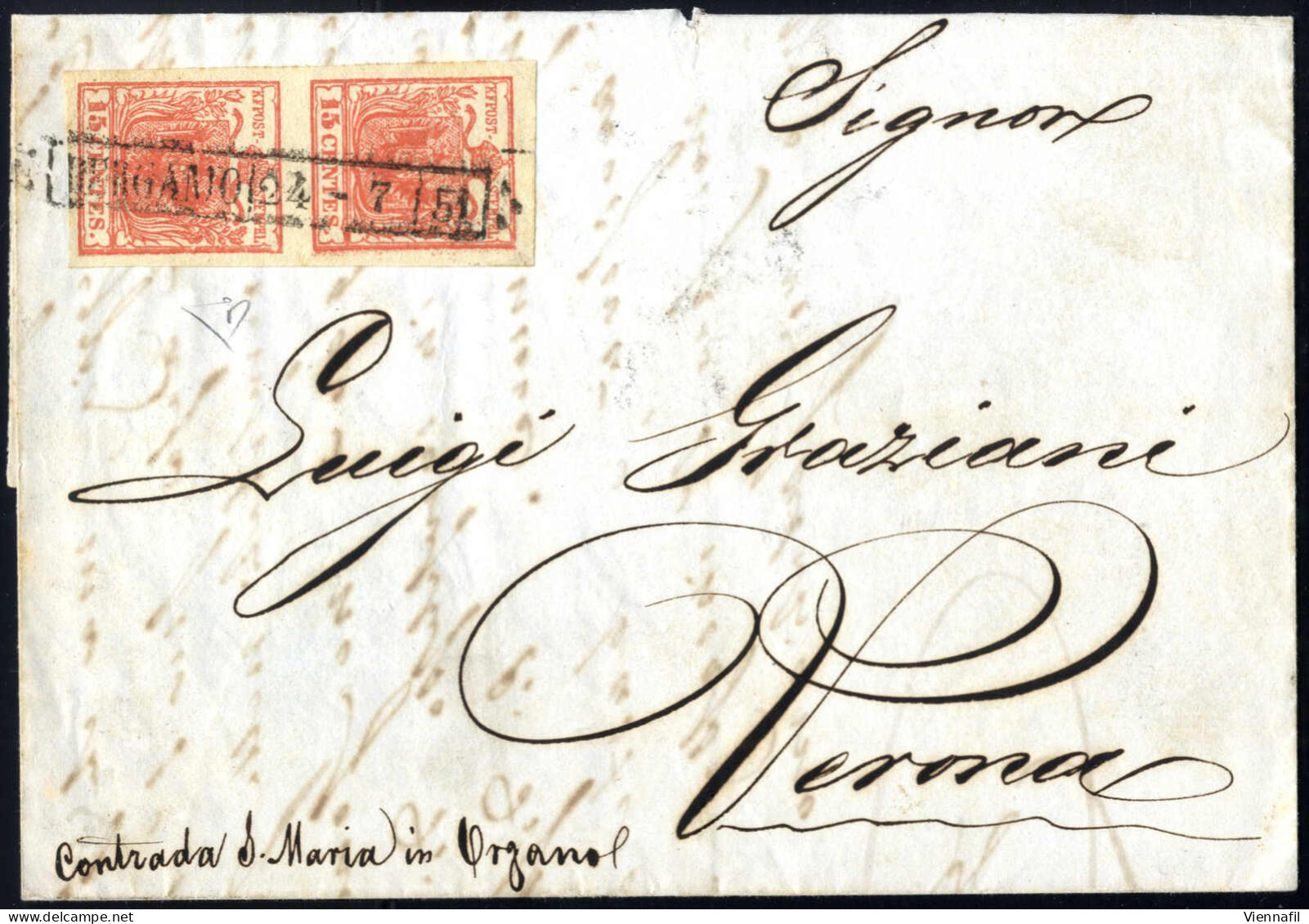 Cover 1851, Lettera Da Bergamo (R51 Punti 5) Del 24.7 Per Verona Affrancata Con Coppia Verticale 15 C. Rosso Vermiglio I - Lombardo-Vénétie