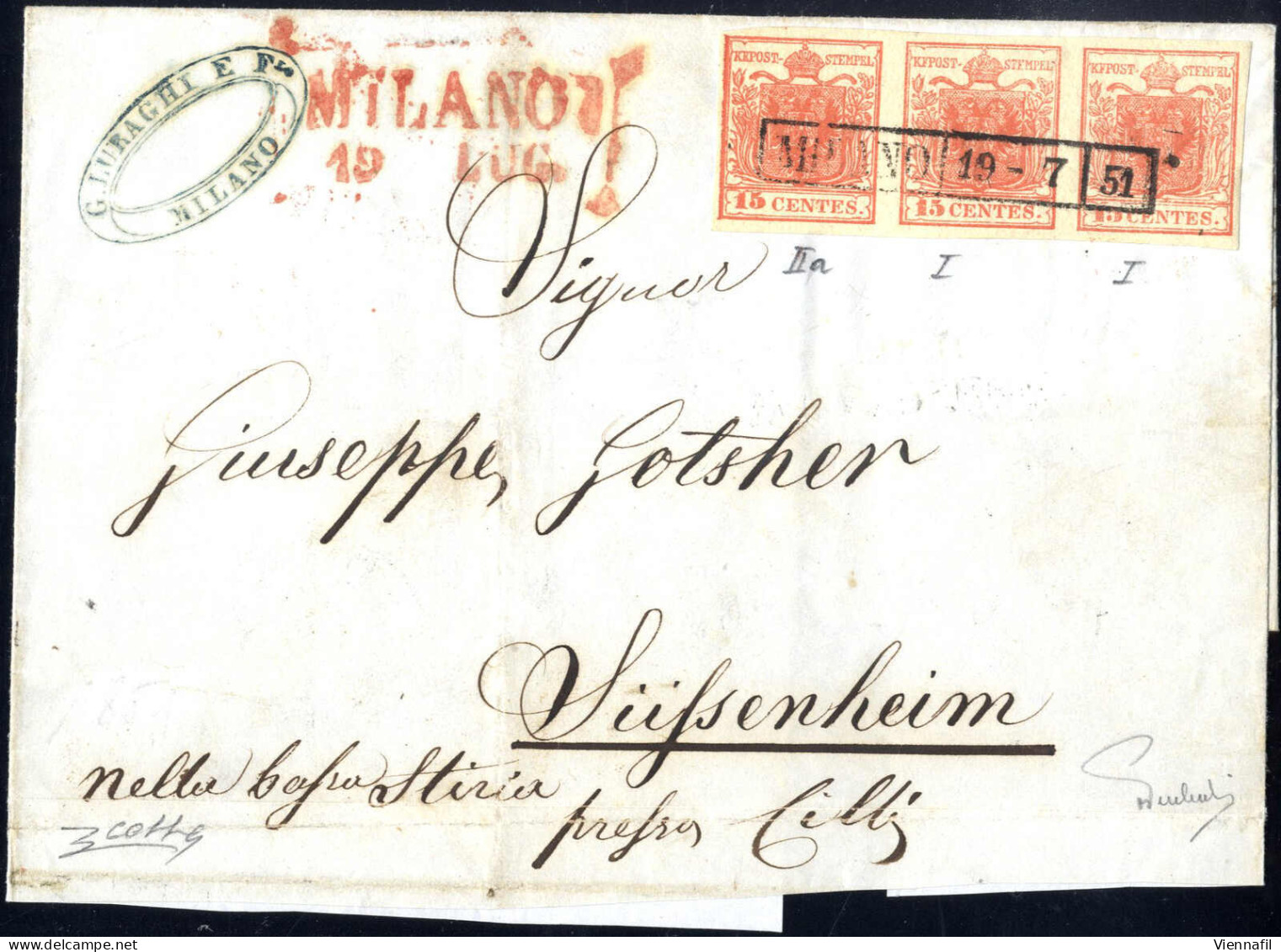 Cover 1851, Lettera Da Milano Del 19.7 Per Süssenheim Affrancata Con Striscia Di Tre Del 15 C. Rosso Vermiglio Carta A M - Lombardo-Vénétie