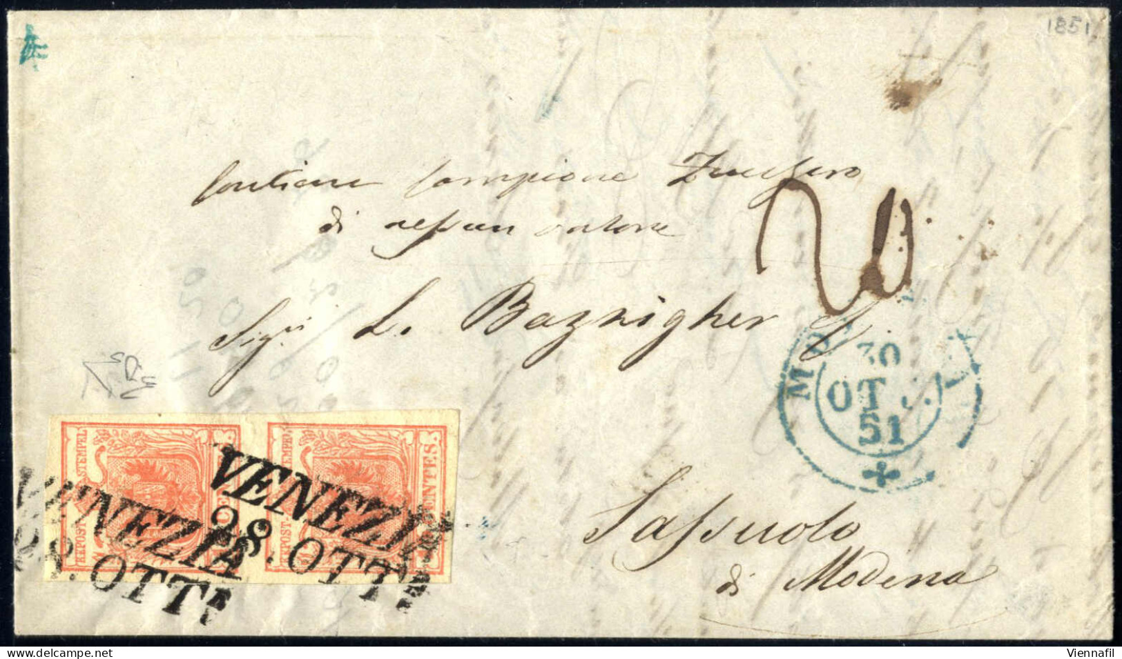 Cover 1851, Lettera Da Venezia Del 28.10 Per Modena Affrancata Con Coppia Verticale 15 C. Rosso Vermiglio II Tipo Carta  - Lombardy-Venetia