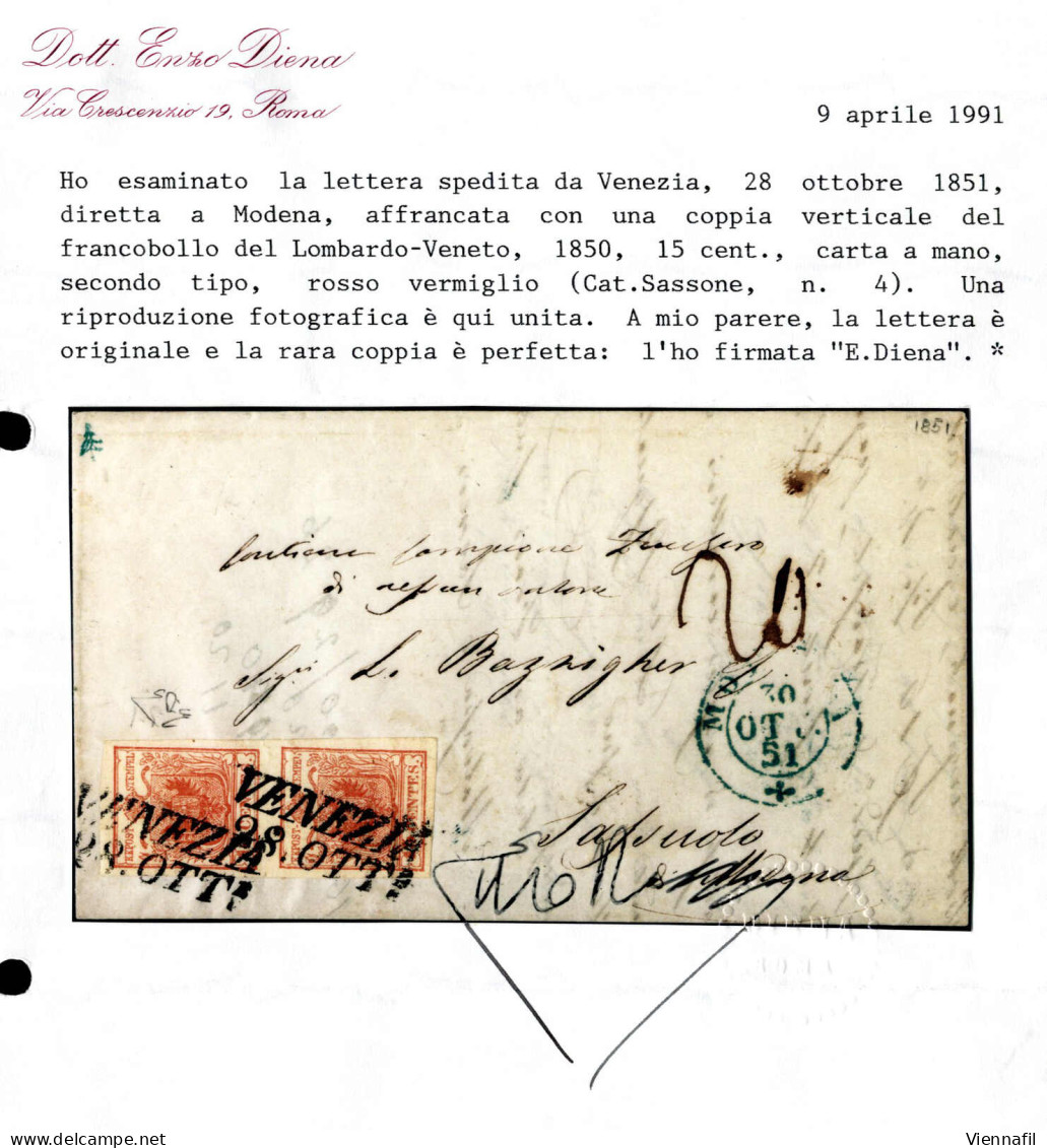 Cover 1851, Lettera Da Venezia Del 28.10 Per Modena Affrancata Con Coppia Verticale 15 C. Rosso Vermiglio II Tipo Carta  - Lombardo-Vénétie