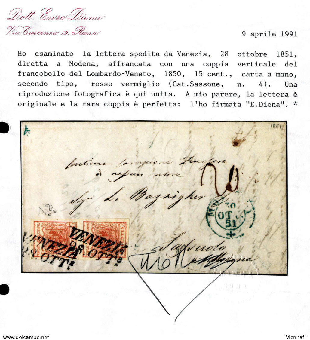 Cover 1851, Lettera Da Venezia Del 28.10 Per Modena Affrancata Con Coppia Verticale 15 C. Rosso Vermiglio II Tipo Carta  - Lombardy-Venetia