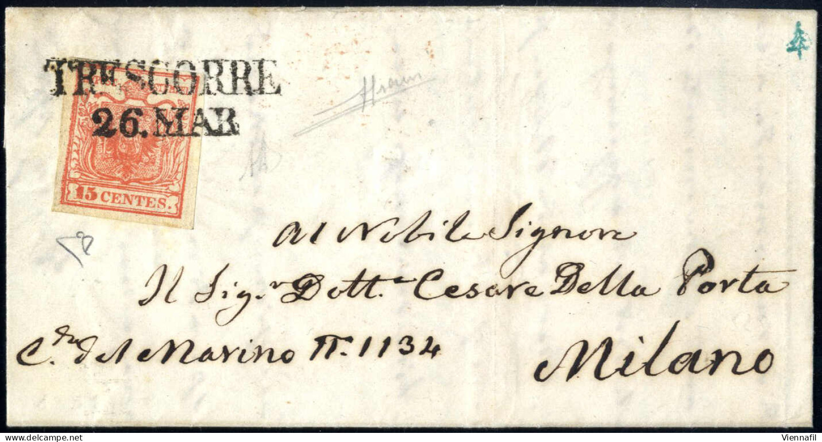 Cover Trescorre, (SI Punti 9), Lettera Del 26.3.1851 Per Milano Affrancata Con 15 C. Rosso Vermiglio Chiaro II Tipo Cart - Lombardo-Vénétie