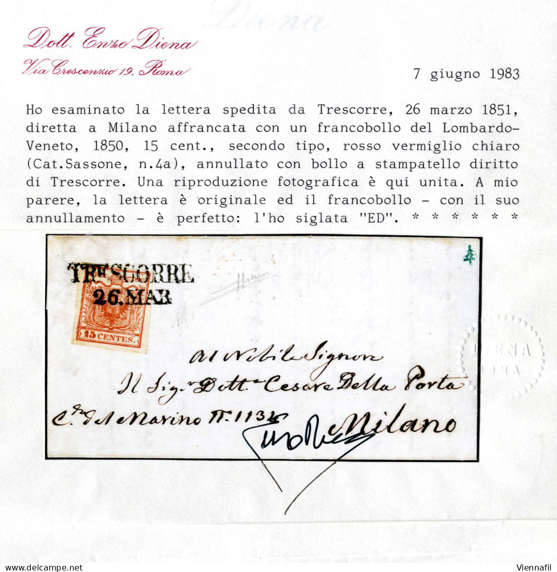 Cover Trescorre, (SI Punti 9), Lettera Del 26.3.1851 Per Milano Affrancata Con 15 C. Rosso Vermiglio Chiaro II Tipo Cart - Lombardo-Vénétie