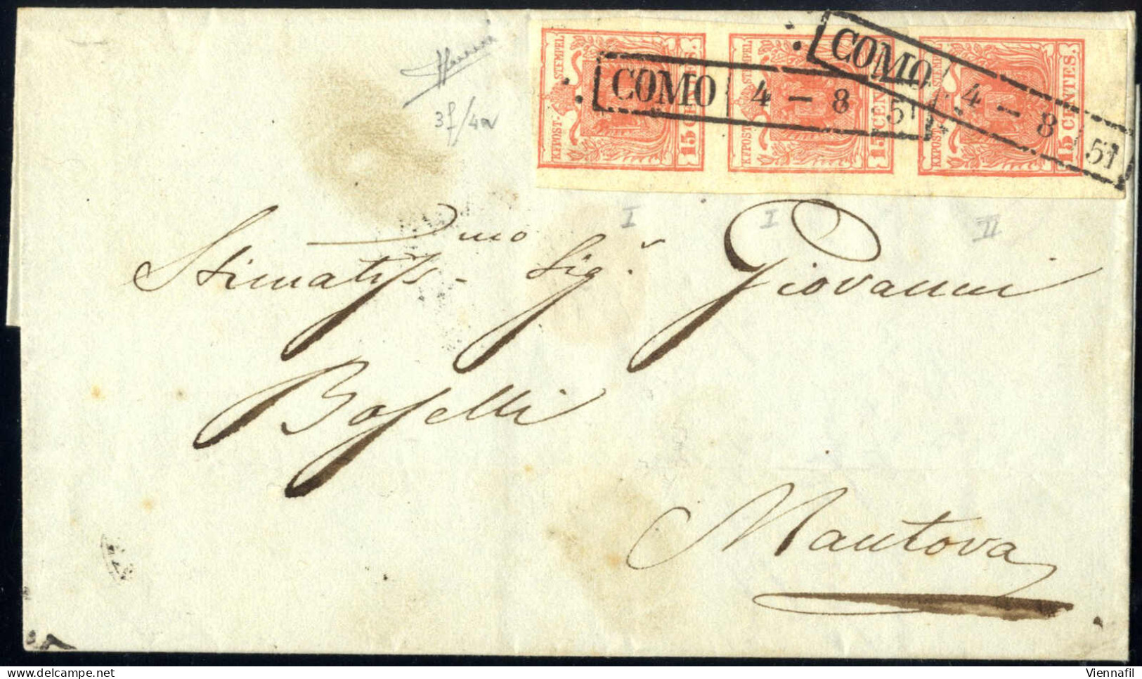 Cover 1851, Lettera Da Como (R51 Punti 4) Del 4.8 Per Mantova Affrancata Con Striscia Verticale Di Tre 15 C. Rosso Vermi - Lombardy-Venetia