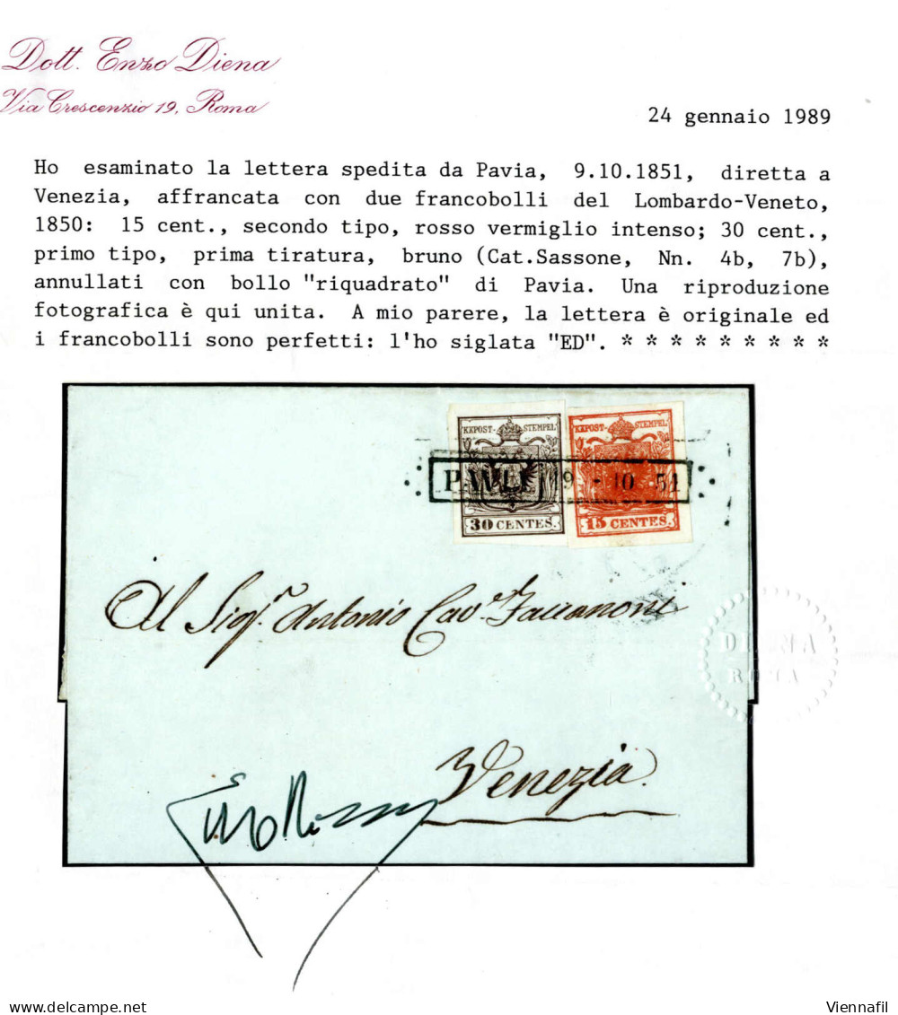 Cover 1851, Lettera Da Pavia (R51 Punti 4)del 19.10 Per Venezia Affrancata Con 15 C. Rosso Vermiglio Intenso II Tipo E 3 - Lombardo-Vénétie