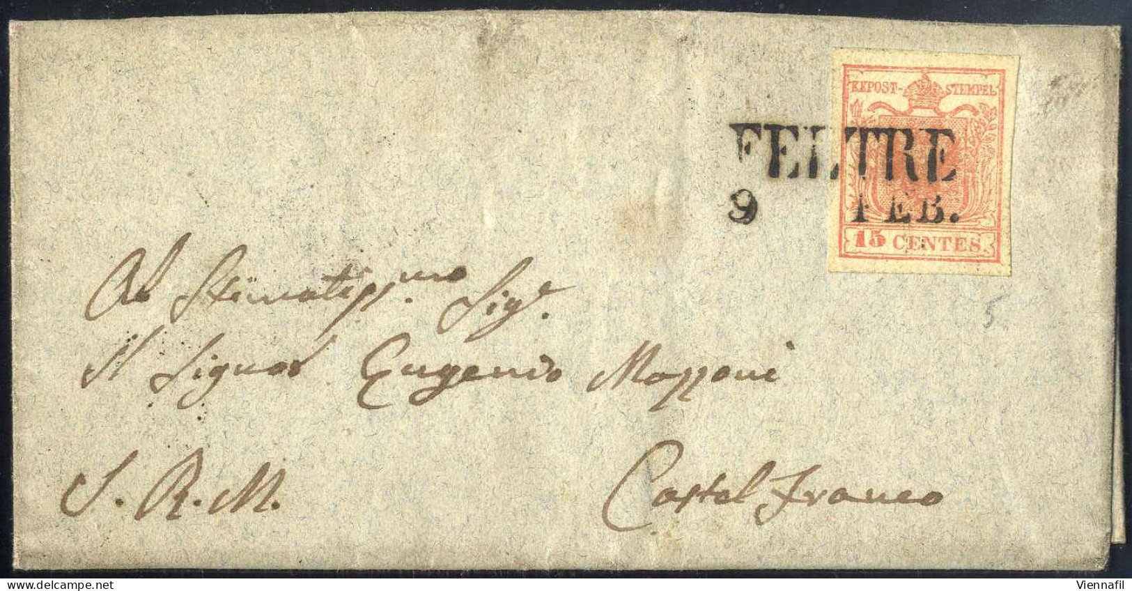 Cover 1852, Lettera Da Feltre (SD Punti 3) Del 9.2 Per Castelfranco Affrancata Con 15 C. Rosa Carminio II Tipo Carta A M - Lombardo-Vénétie