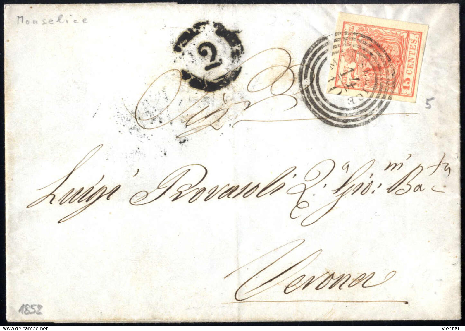 Cover 1852, Lettera Da Monselice (C4 Punti 3) Del 14.10 Per Verona Affrancata Con 15 C. Rosso II Tipo Carta A Mano, Sass - Lombardo-Vénétie