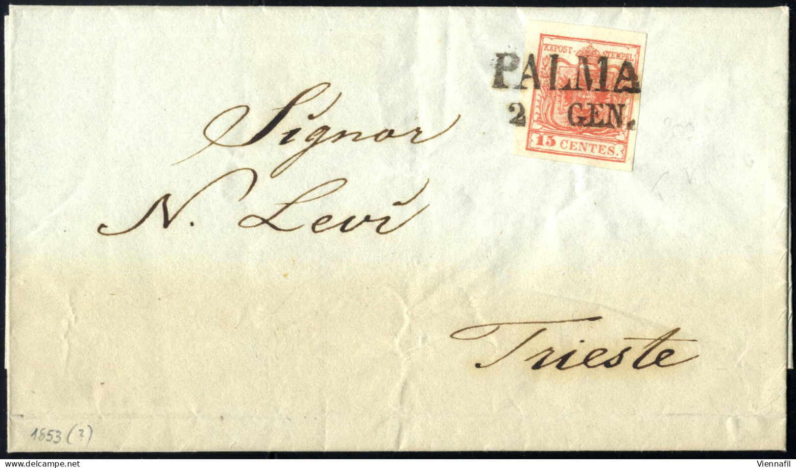 Cover 1853, Lettera Da Palma (SD Punti 4) Del 2.1 Per Trieste Affrancata Con 15 C. Rosso III Tipo Carta A Mano, Sass. 6 - Lombardo-Vénétie