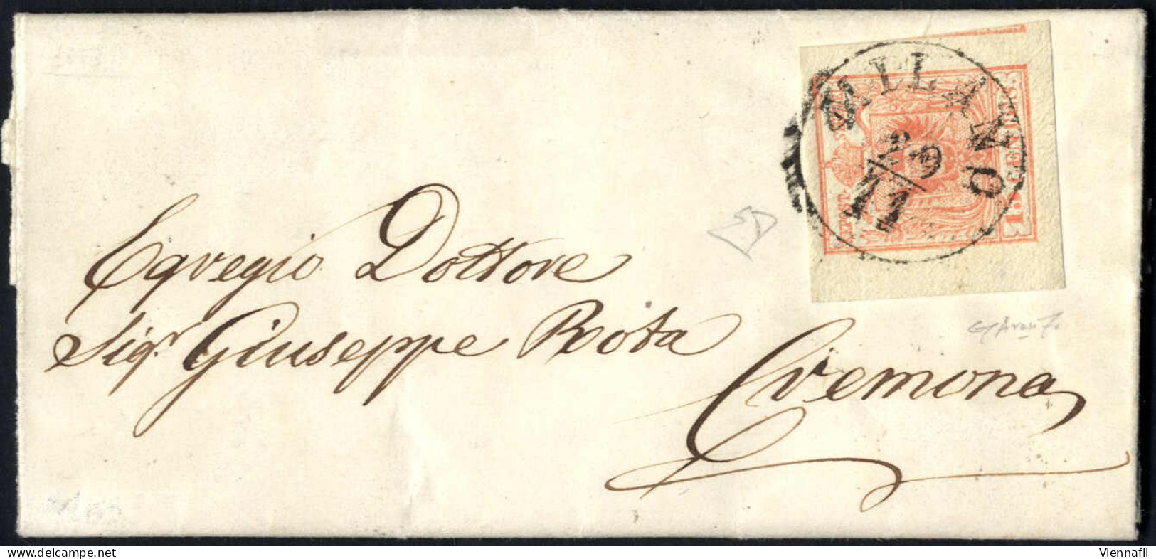 Cover 1853, Minilettera Da Milano Del 29.11 Per Cremona Affrancata Con 15 C. Rosso III Tipo Carta A Mano, Bordo Di Fogli - Lombardo-Vénétie