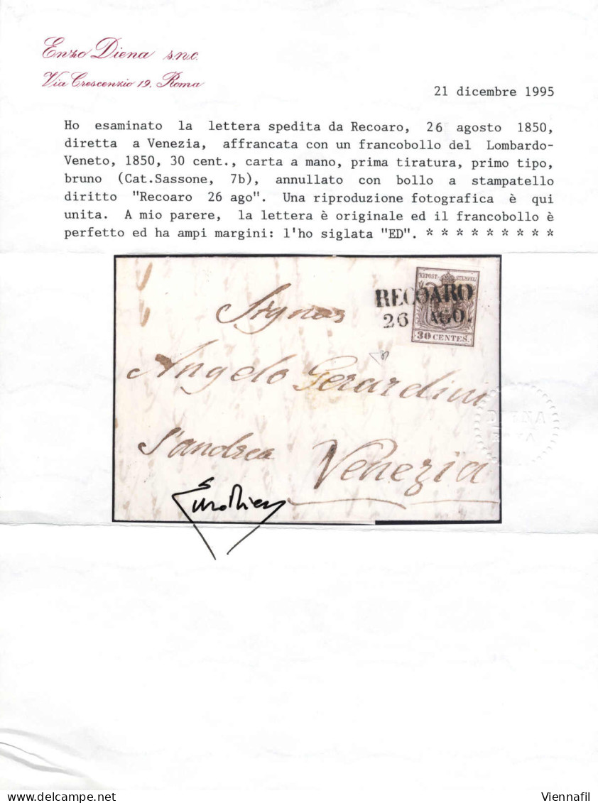 Cover 1850, Lettera Da Recoaro (SD Punti 4) Del 26.8 Per Venezia Affrancata Con 30 C. Bruno I Tipo Prima Tiratura Carta  - Lombardo-Vénétie