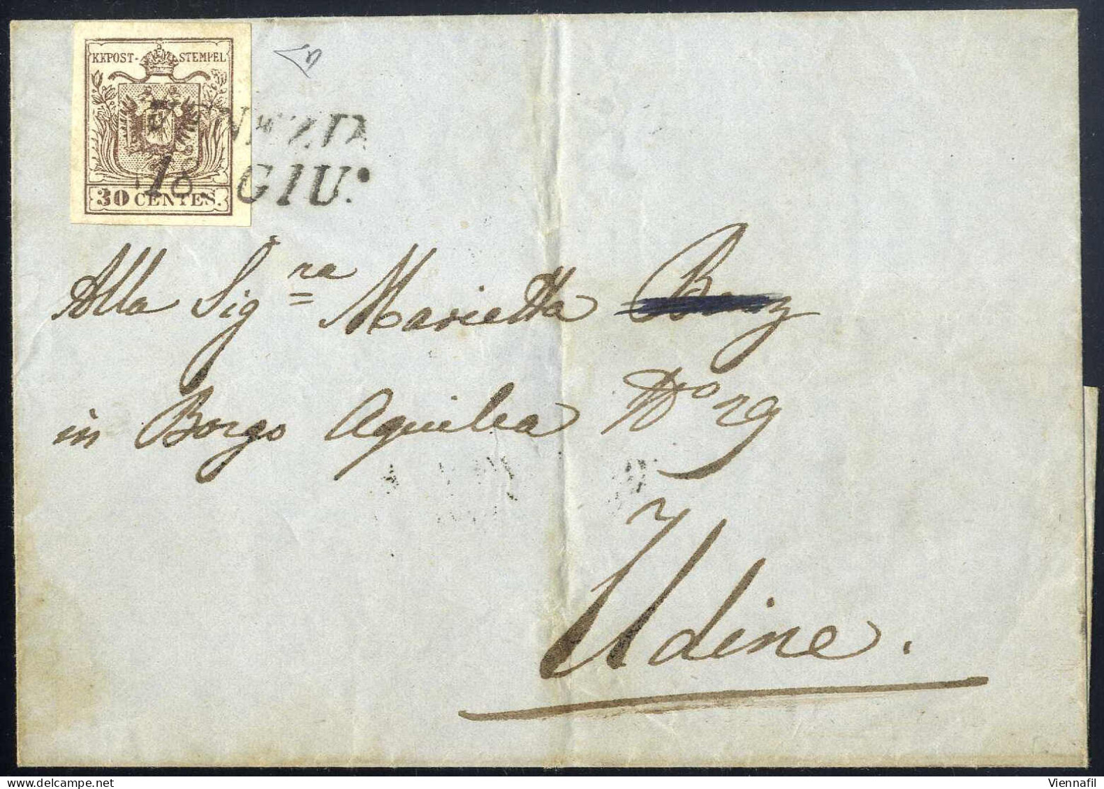 Cover 1850, Lettera Da Venezia Del 18.6 Diciottesimo Giorno D'uso Per Udine Affrancata Con 30 C. Bruno I Tipo Prima Tira - Lombardo-Vénétie