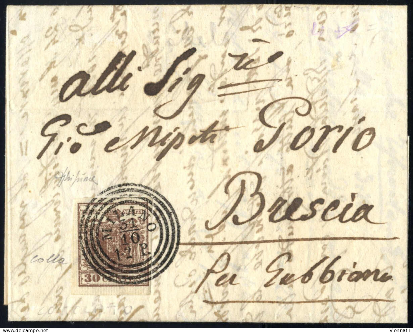 Cover 1851, Lettera Da Milano Il 31.10 Per Brescia Affrancata Con 30 C. Bruno I Tipo Carta A Mano, Firmata Colla, Sass.  - Lombardo-Vénétie