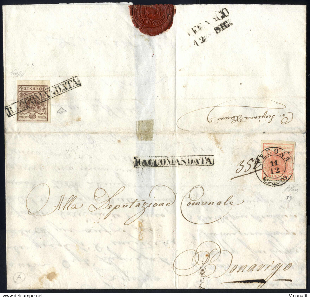 Cover 1851, Lettera Raccomandata Da Verona (2CO E Raccomandata Punti 2+9) Del 11.12 Per Bonavigo Affrancata Con 15 C. Ro - Lombardy-Venetia