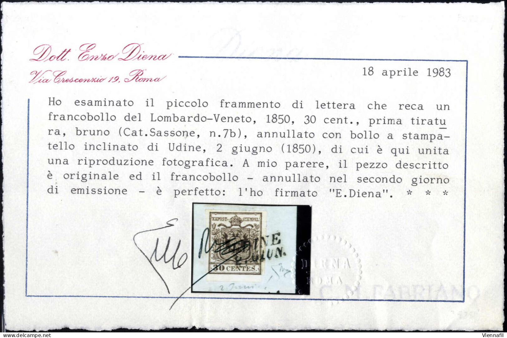 Piece 1850, Frammento Da Udine (SI Punti 7) Del 2.6 Secondo Giorno D'uso Affrancato Con 30 C. Bruno I Tipo Prima Tiratur - Lombardo-Vénétie