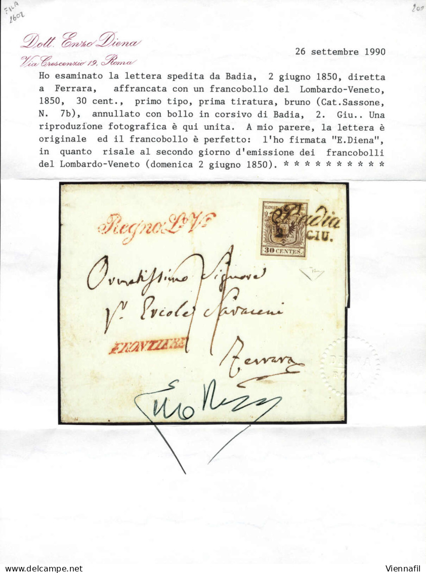 Cover 1850, Lettera Da Badia Del 2.6 Secondo Giorno D'uso Per Ferrara (Stato Pontificio) Affrancata Con 30 C. Bruno I Ti - Lombardo-Vénétie
