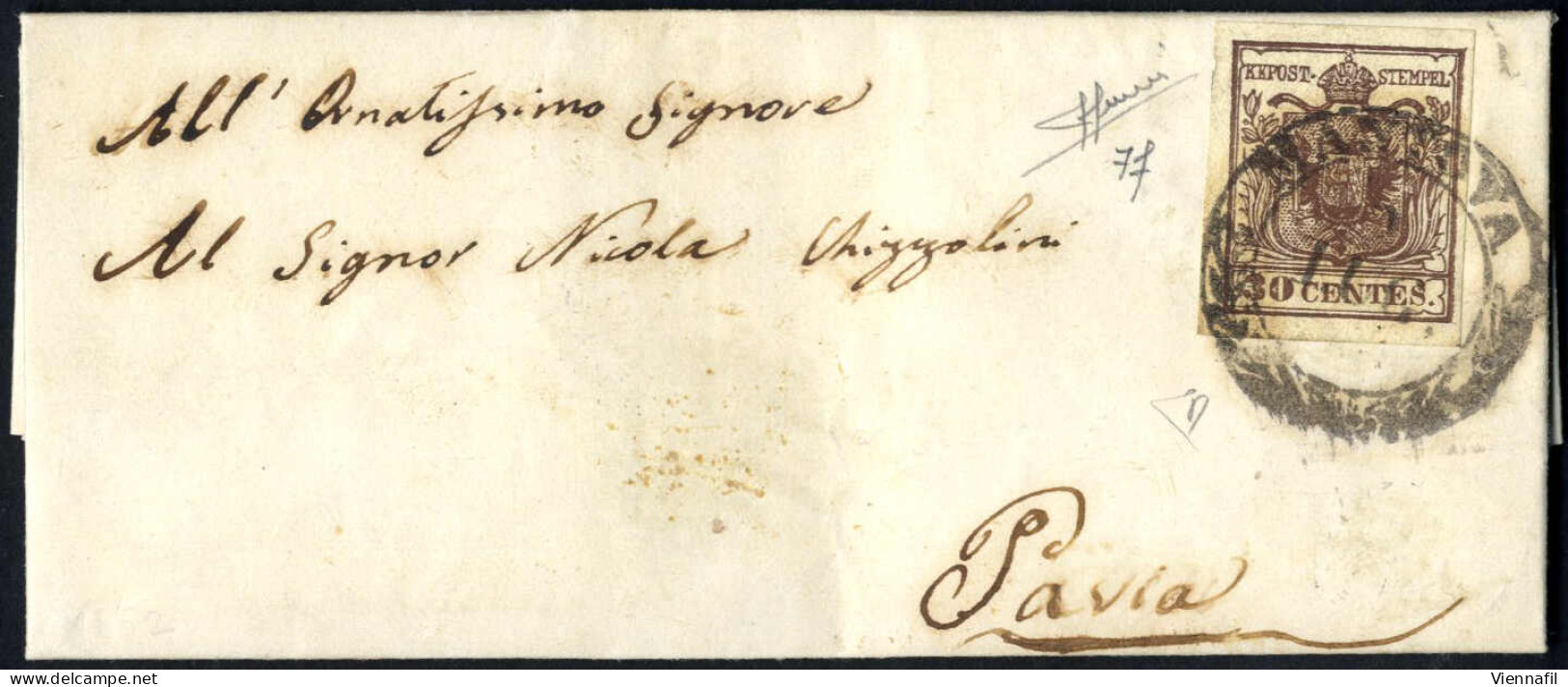 Cover 1852, Lettera Da Mantova Del 1.7 Per Pavia Affrancata Con 30 C. Bruno Rossastro I Tipo Carta A Mano, Firmata ED E  - Lombardo-Vénétie
