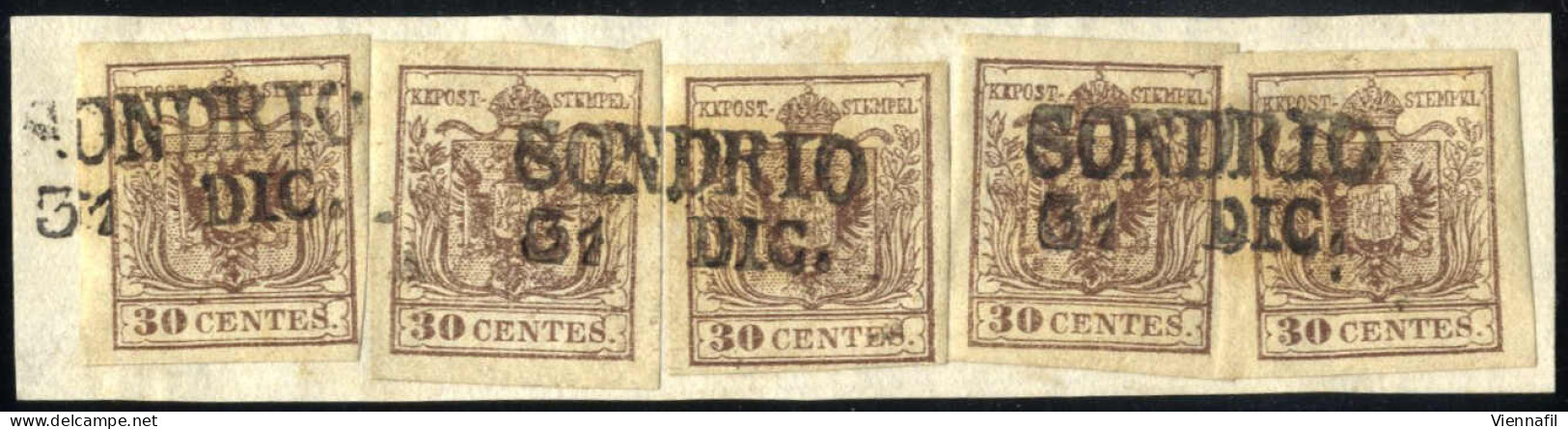 Piece 1853, Frammento Da Sondrio Del 31.12 Affrancato Con Cinque 30 C. Bruno II Tipo Carta A Mano, Sass. 8 - Lombardo-Vénétie