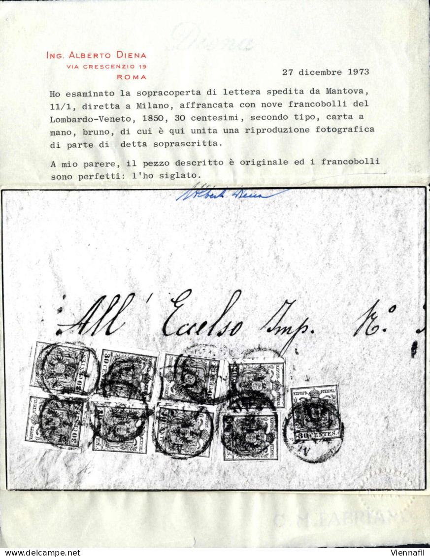 Cover 1854, Grande Lettera Da Mantova Del 11.1 Per Milano, Affrancata Con Nove 30 C. Bruno Scuro II Tipo Carta A Mano, E - Lombardo-Vénétie