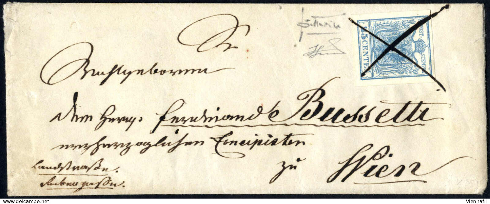 Cover 1851, Lettera Per Vienna (Austria) Affrancata Con 45 C. Azzurro I Tipo Carta A Mano Annullato Con Tratti Incrociat - Lombardo-Venetien