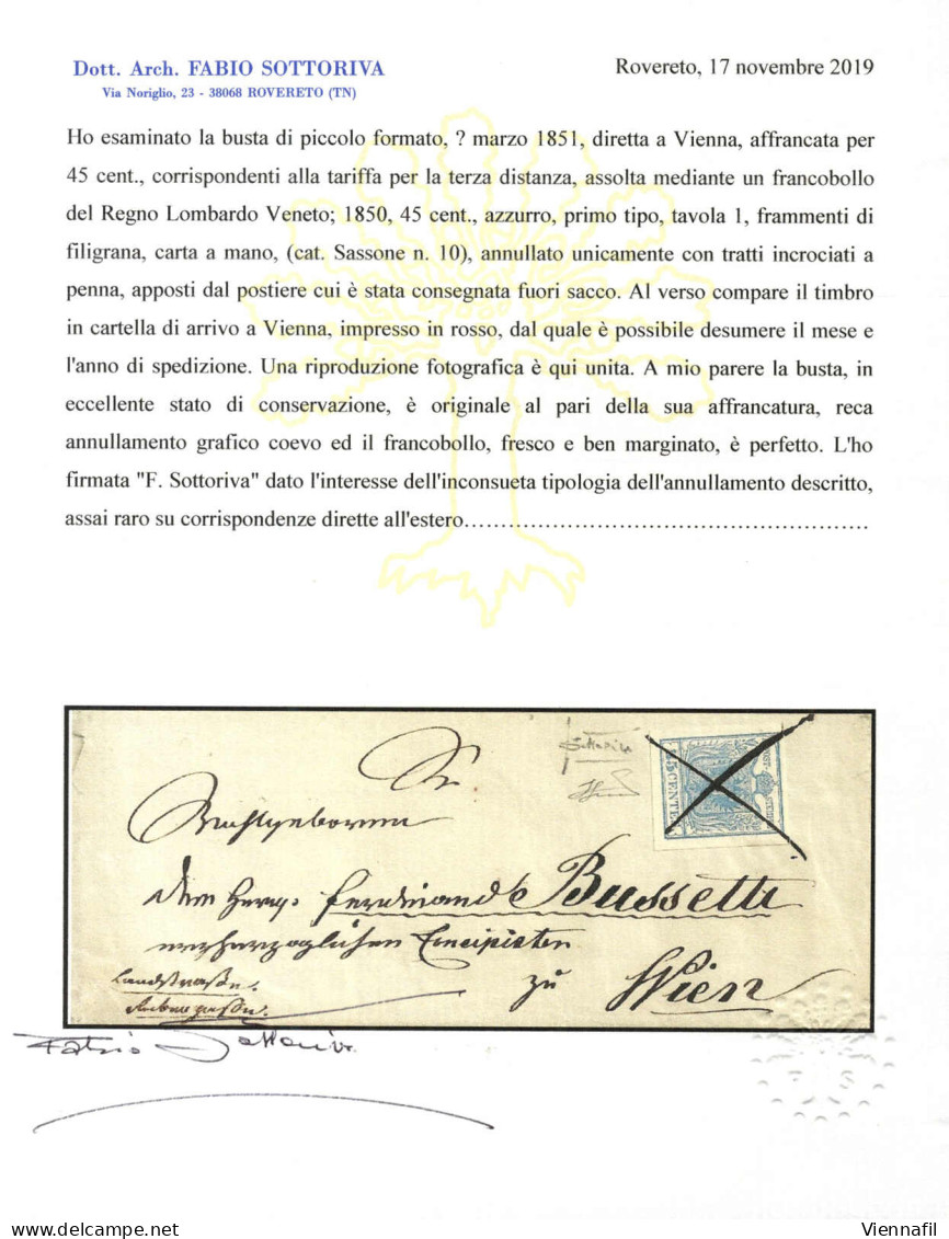 Cover 1851, Lettera Per Vienna (Austria) Affrancata Con 45 C. Azzurro I Tipo Carta A Mano Annullato Con Tratti Incrociat - Lombardo-Vénétie