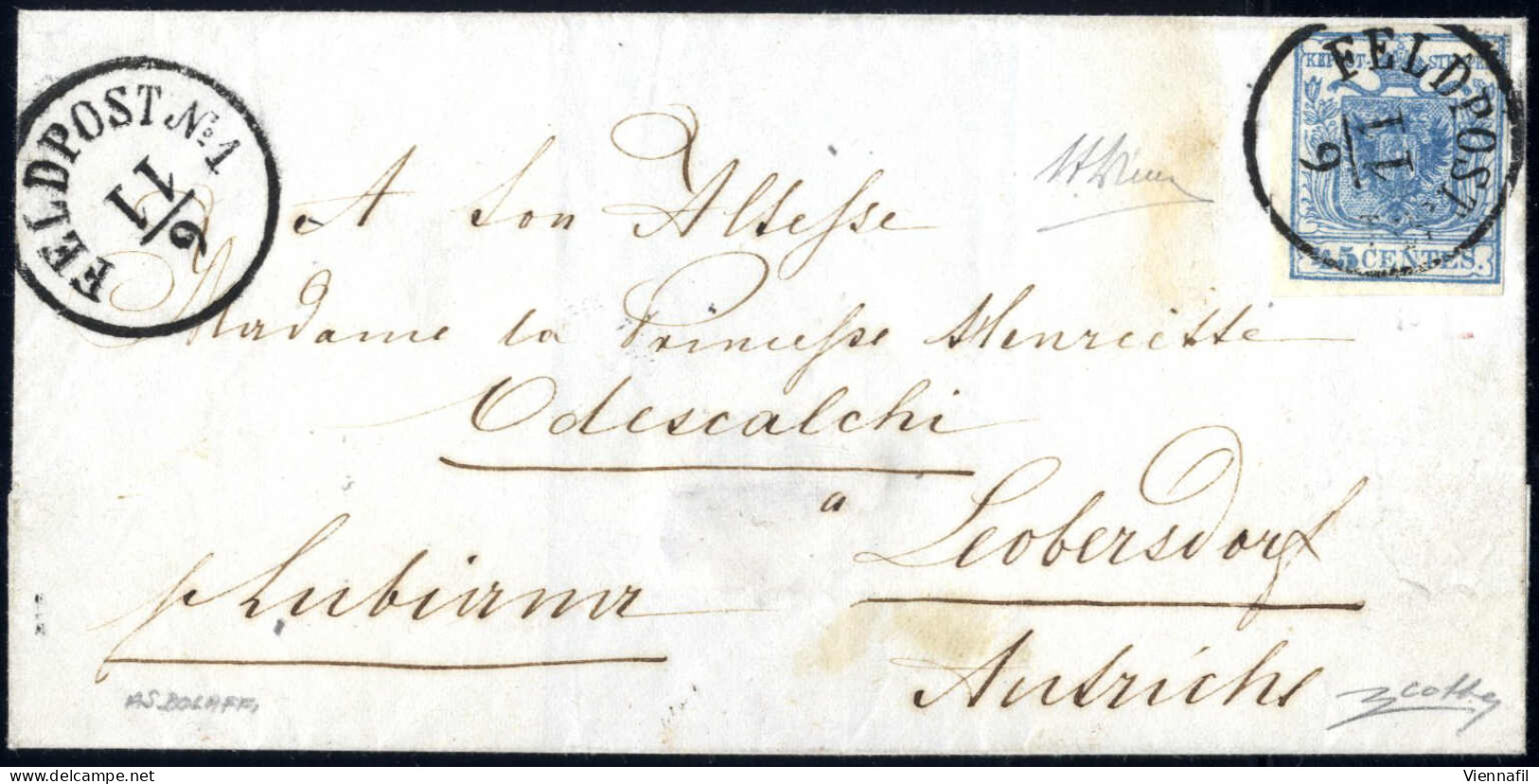 Cover 1852, Feldpost N°1 (C1 Punti 12) Lettera Da Bologna Il 6.11 Per Loebersdorf (Austria) Affrancata Con 45 C. Azzurro - Lombardy-Venetia