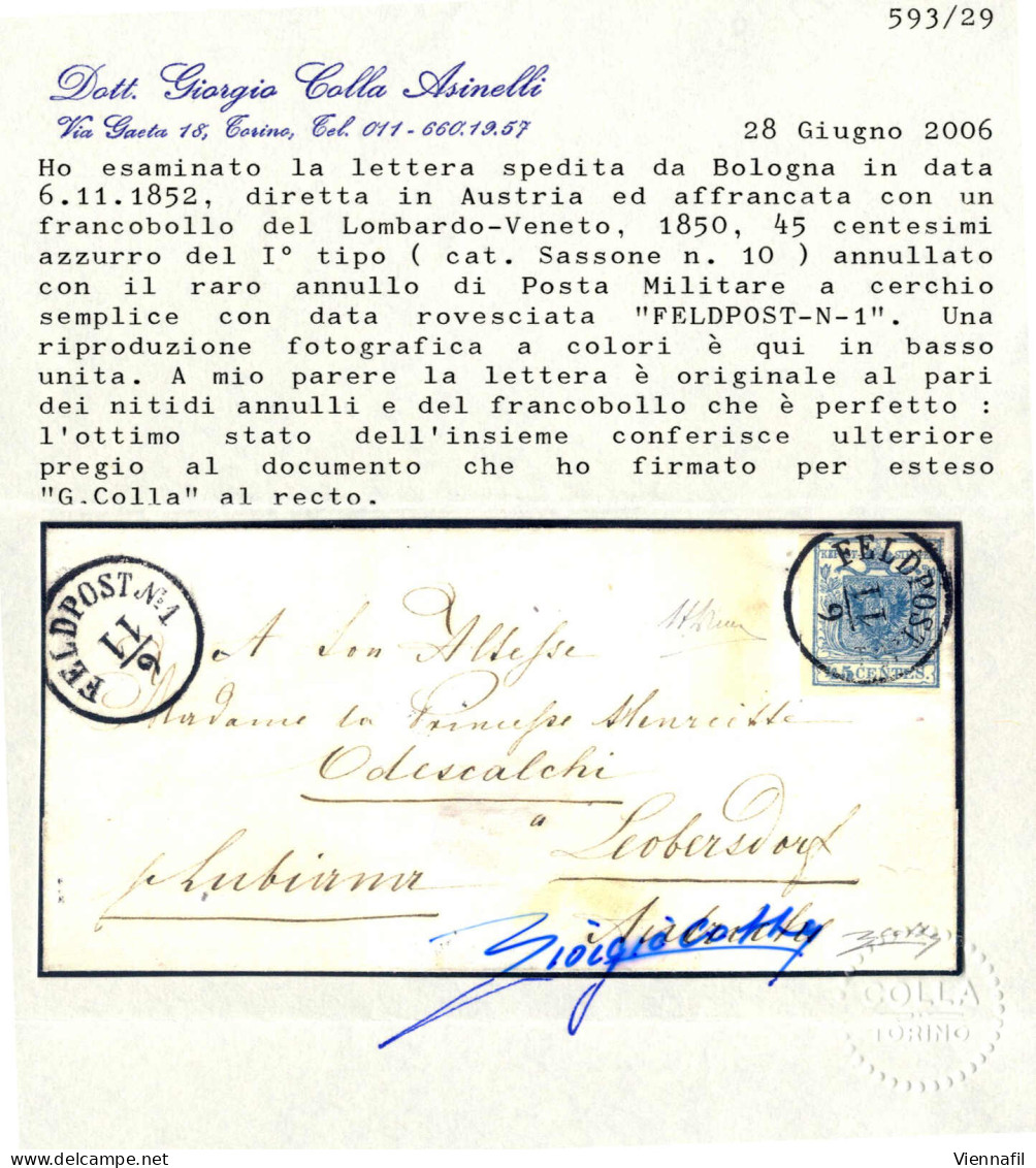 Cover 1852, Feldpost N°1 (C1 Punti 12) Lettera Da Bologna Il 6.11 Per Loebersdorf (Austria) Affrancata Con 45 C. Azzurro - Lombardy-Venetia