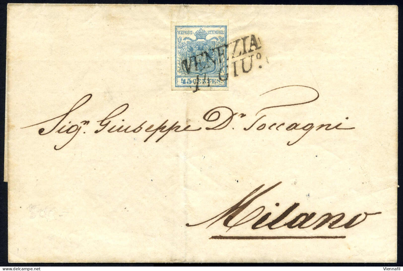 Cover 1850, Lettera Da Venezia Del 14.6 Quattordicesimo Giorno D'uso Per Milano Affrancata Con 45 C. Azzurro Chiaro I Ti - Lombardy-Venetia
