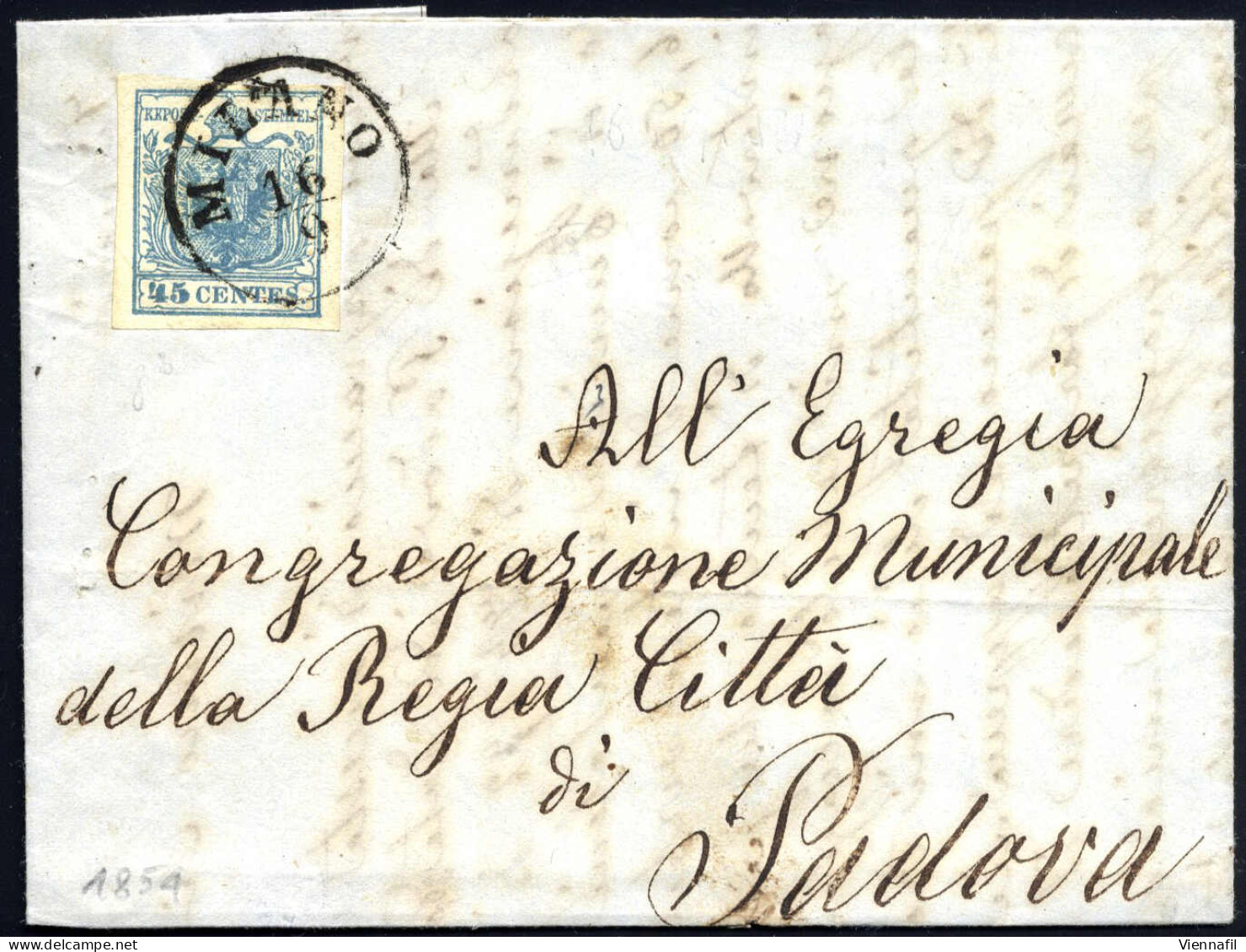 Cover 1854, Lettera Da Milano Del 16.9 Per Padova Affrancata Con 45 C. Azzurro Ardesia II Tipo Carta A Mano, Sass. 11 /  - Lombardy-Venetia