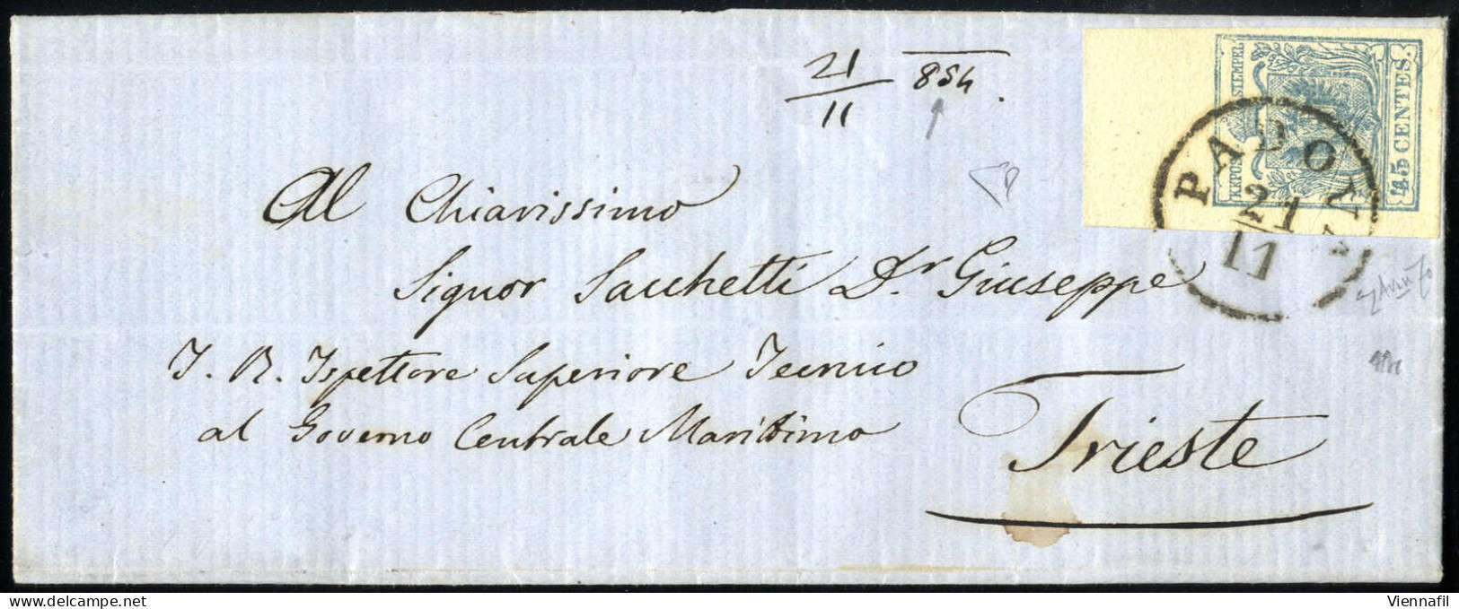 Cover 1854, Lettera Da Padova Del 21.11 Per Trieste Affrancata Con 45 C. Azzurro Ardesia II Tipo Carta A Mano, Angolo Di - Lombardo-Venetien