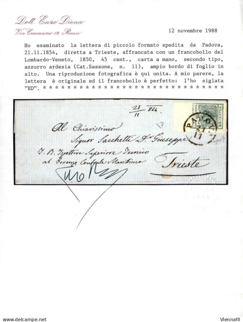 Cover 1854, Lettera Da Padova Del 21.11 Per Trieste Affrancata Con 45 C. Azzurro Ardesia II Tipo Carta A Mano, Angolo Di - Lombardo-Venetien