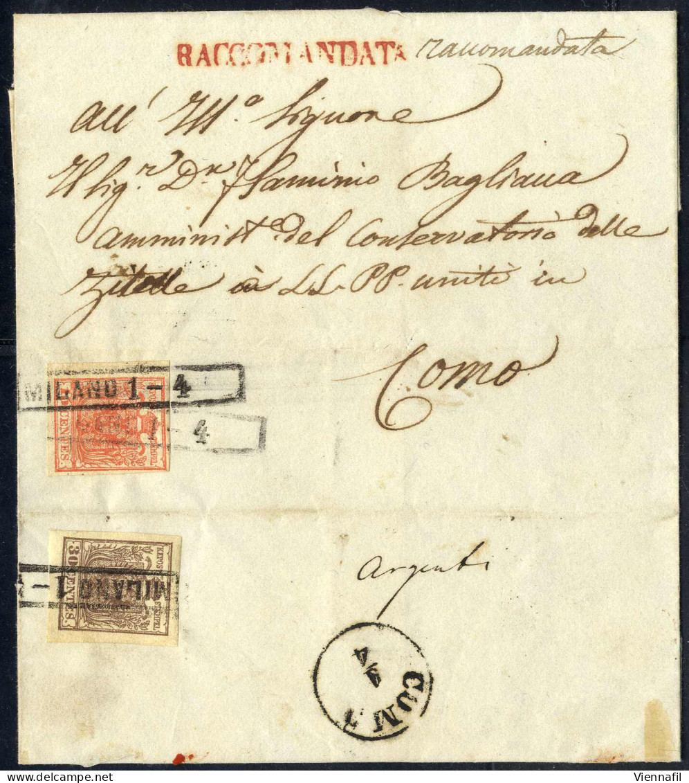 Cover 1854, Lettera Raccomandata Da Milano (R53 S.a. Mm 42 L Con Tre Lati Punti 8) Del 1.4 Per Como Affrancata Con 15 C. - Lombardo-Vénétie