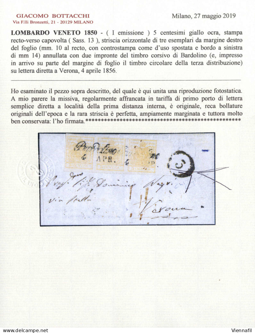 Cover 1856, Lettera Da Bardolino (Cor. Punti 5) Per Verona Affrancata Con Striscia Di Tre Del 5 C. Giallo Ocra, Bordo Di - Lombardy-Venetia