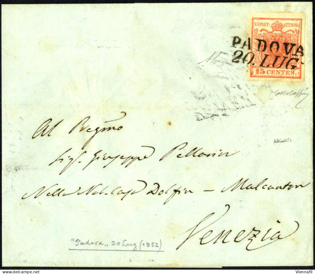 Cover 1851, Lettera Da Padova Del 20.7 Per Venezia Affrancata Con 15 C. Rosso Vermiglio I Tipo Carta A Coste Verticali,  - Lombardo-Vénétie