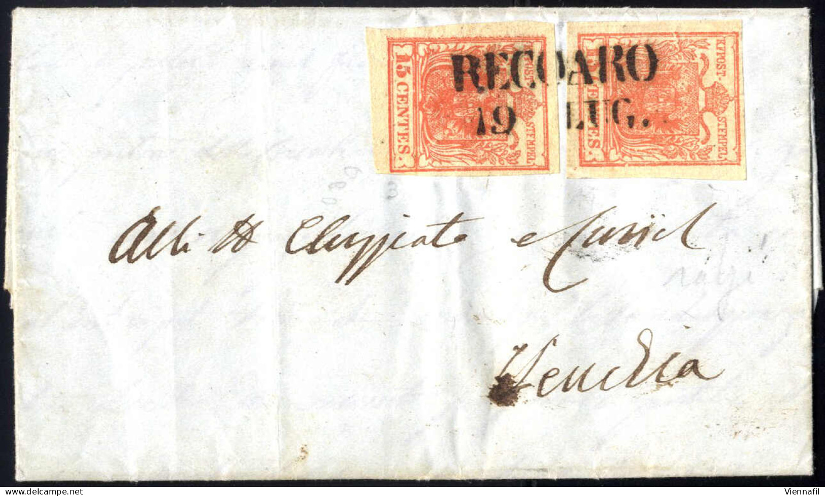 Cover 1851, Lettera Da Recoaro (SD Punti 4) Del 19.7 Per Venezia Affrancata Con Due 15 C. Rosso Vermiglio II Tipo, Uno C - Lombardije-Venetië