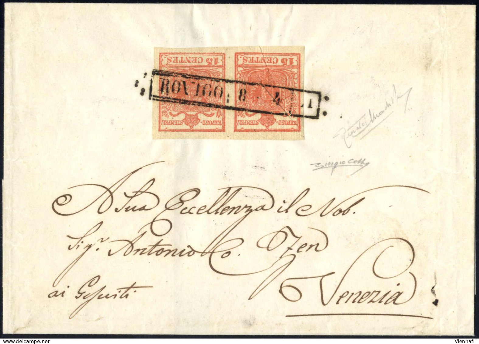 Cover 1851, Lettera Da Rovigo Il 8.4 Per Venezia Affrancata Con Coppia 15 C. Rosso Vermiglio II Tipo Carta A Coste Verti - Lombardy-Venetia