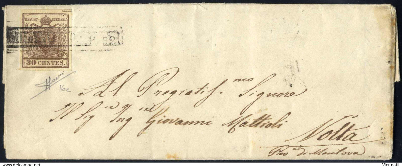 Cover 1852, Lettera Da Milano Del 20.3 Per Volta, Affrancata Con 30 C. Bruno Rossastro I Tipo Carta A Coste Verticali, S - Lombardy-Venetia