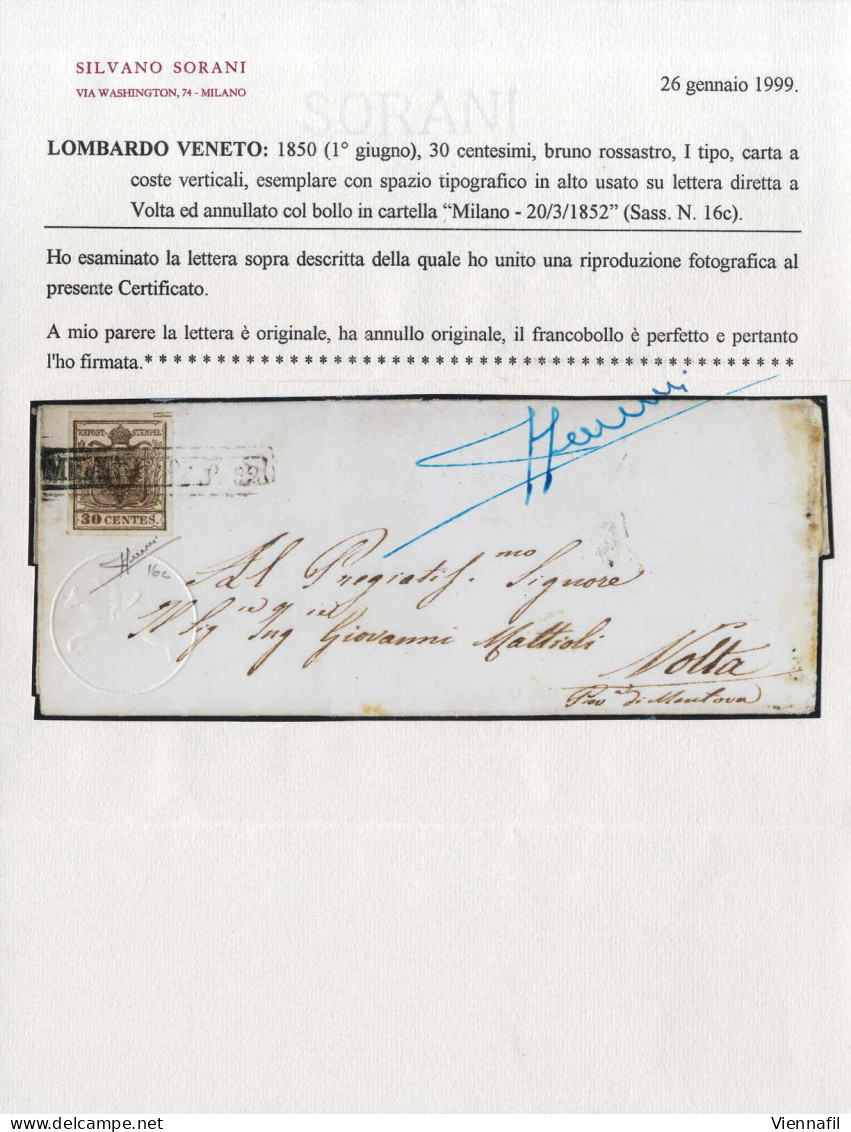 Cover 1852, Lettera Da Milano Del 20.3 Per Volta, Affrancata Con 30 C. Bruno Rossastro I Tipo Carta A Coste Verticali, S - Lombardo-Venetien