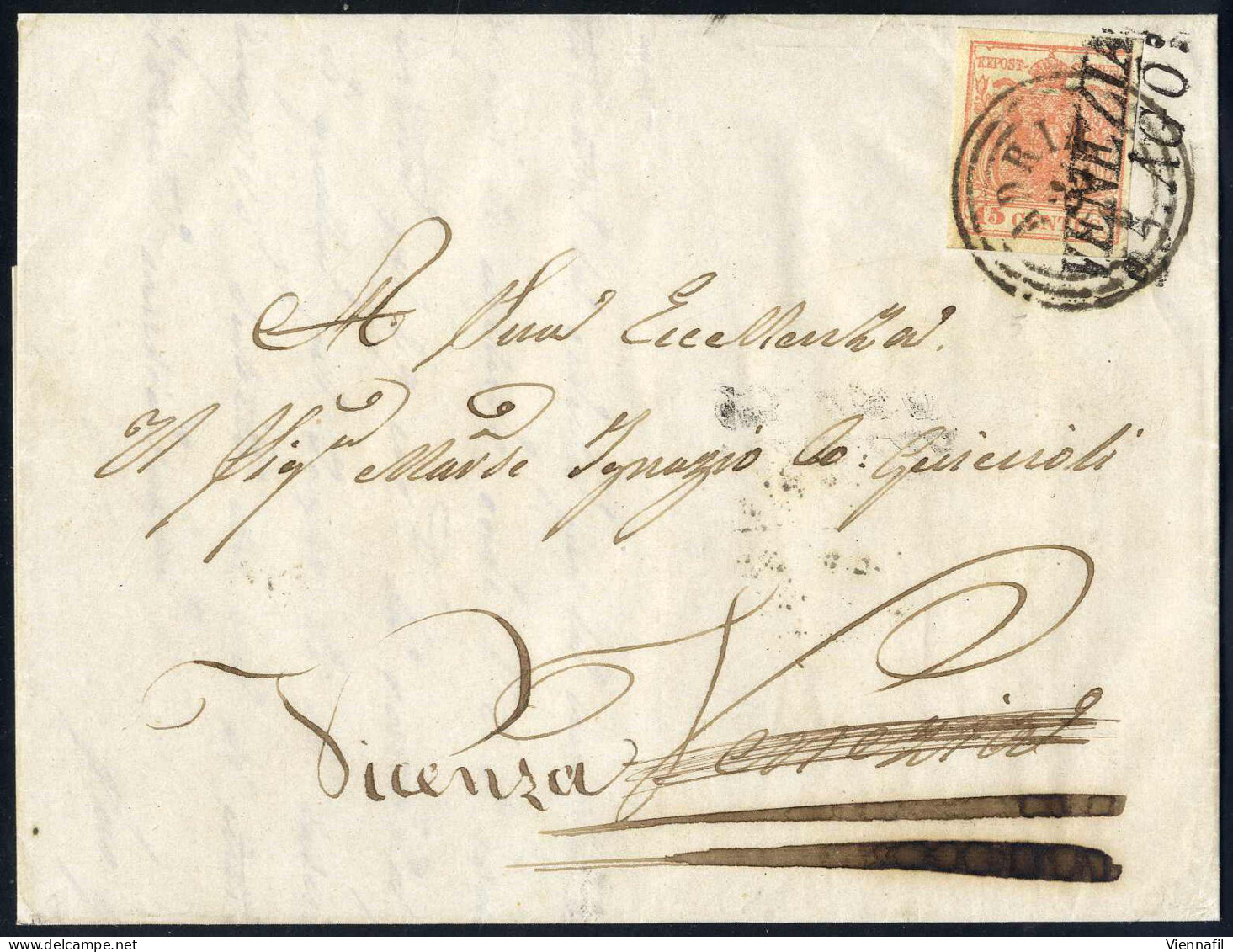 Cover 1854, Lettera Da Adria Del Agosto Per Venezia Affrancata Con 15 C. Rosa III Tipo Carta A Macchina, Rispedita Con B - Lombardo-Vénétie