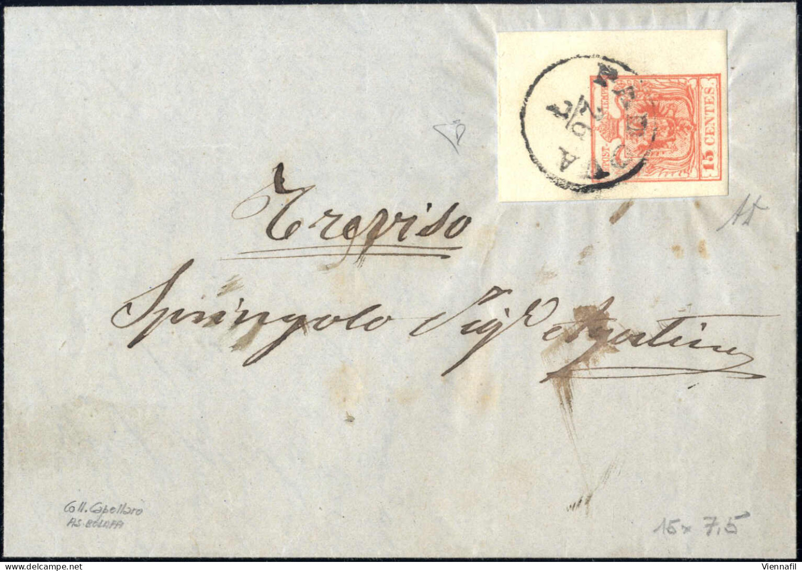 Cover 1854, Lettera Da Padova Del 26.7 Per Treviso Affrancata Con 15 C. Rosa Vermiglio III Tipo Carta A Macchina, Angolo - Lombardy-Venetia
