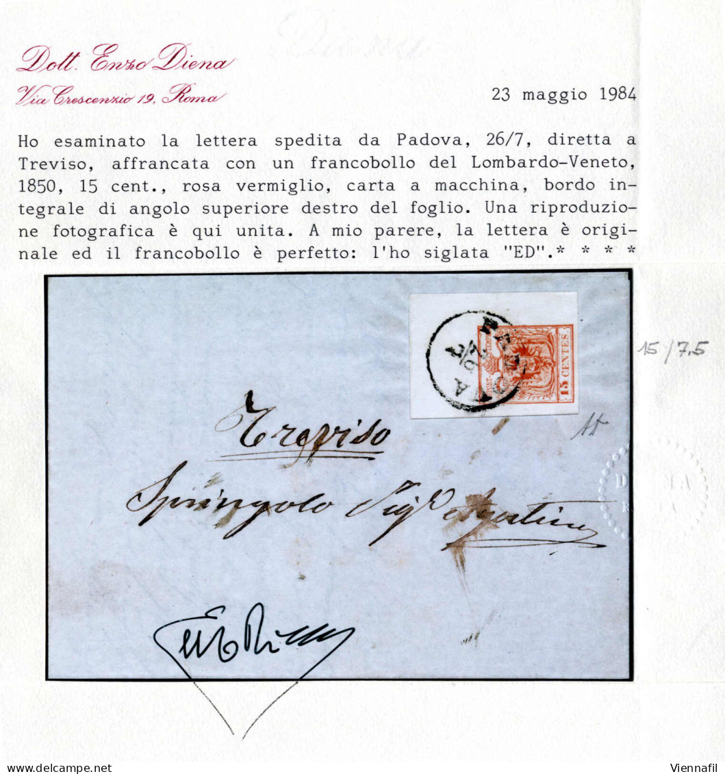 Cover 1854, Lettera Da Padova Del 26.7 Per Treviso Affrancata Con 15 C. Rosa Vermiglio III Tipo Carta A Macchina, Angolo - Lombardy-Venetia