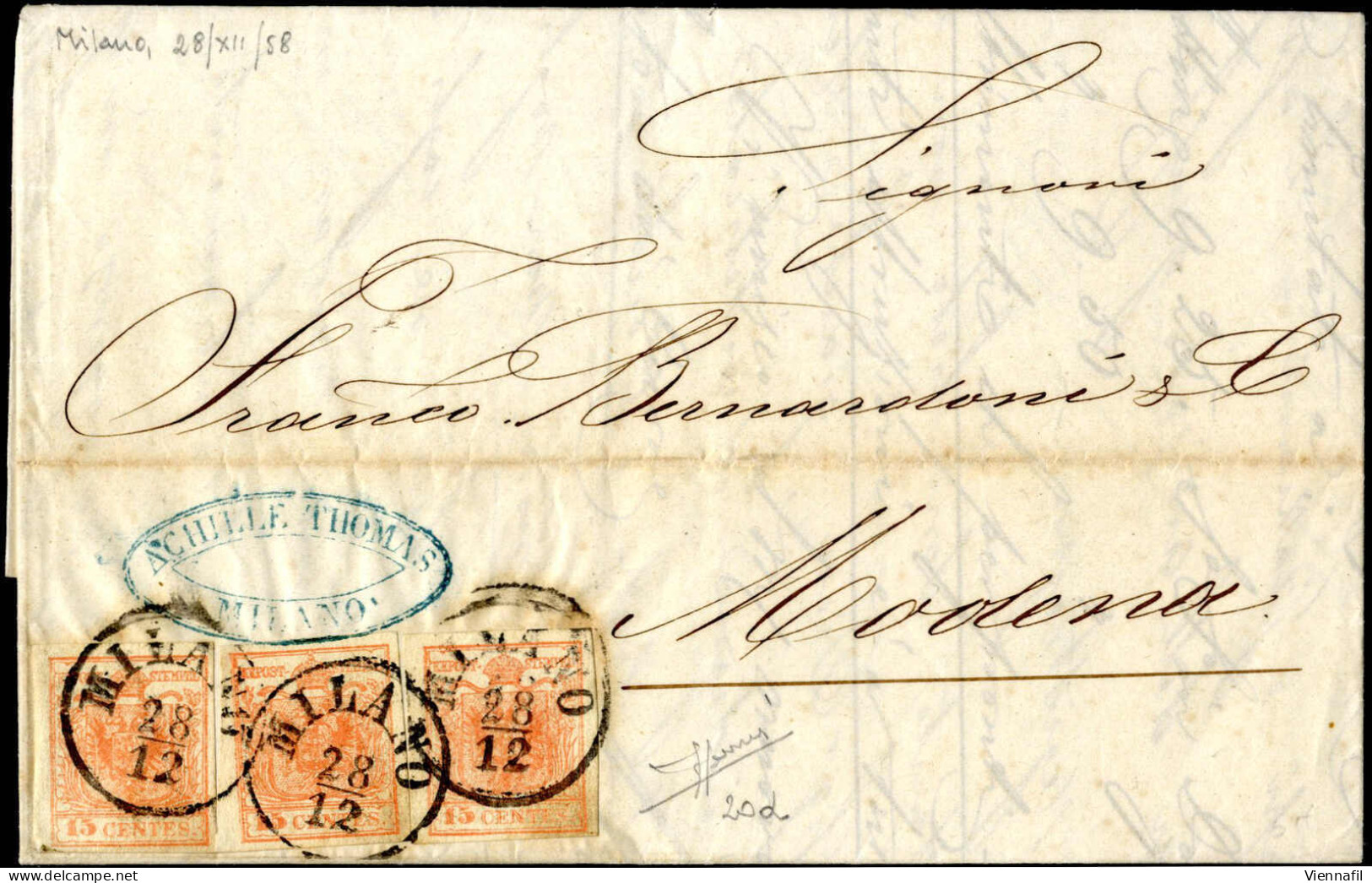 Cover 1858, Lettera Da Milano Del 28.12 Quart'ultimo Giorno Di Tolleranza Per Modena Affrancata Con Tre 15 C. Rosa Salmo - Lombardo-Vénétie