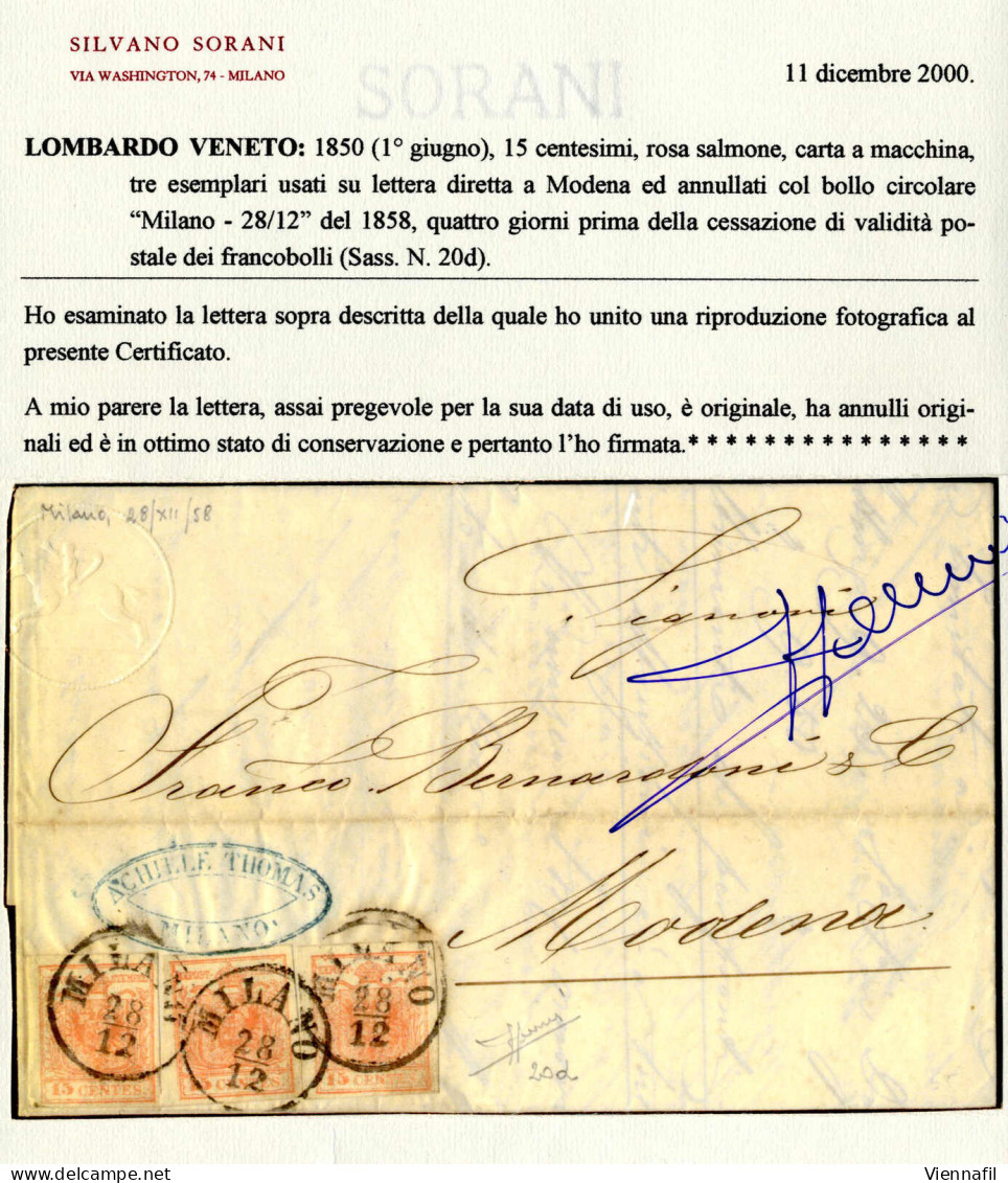 Cover 1858, Lettera Da Milano Del 28.12 Quart'ultimo Giorno Di Tolleranza Per Modena Affrancata Con Tre 15 C. Rosa Salmo - Lombardo-Vénétie