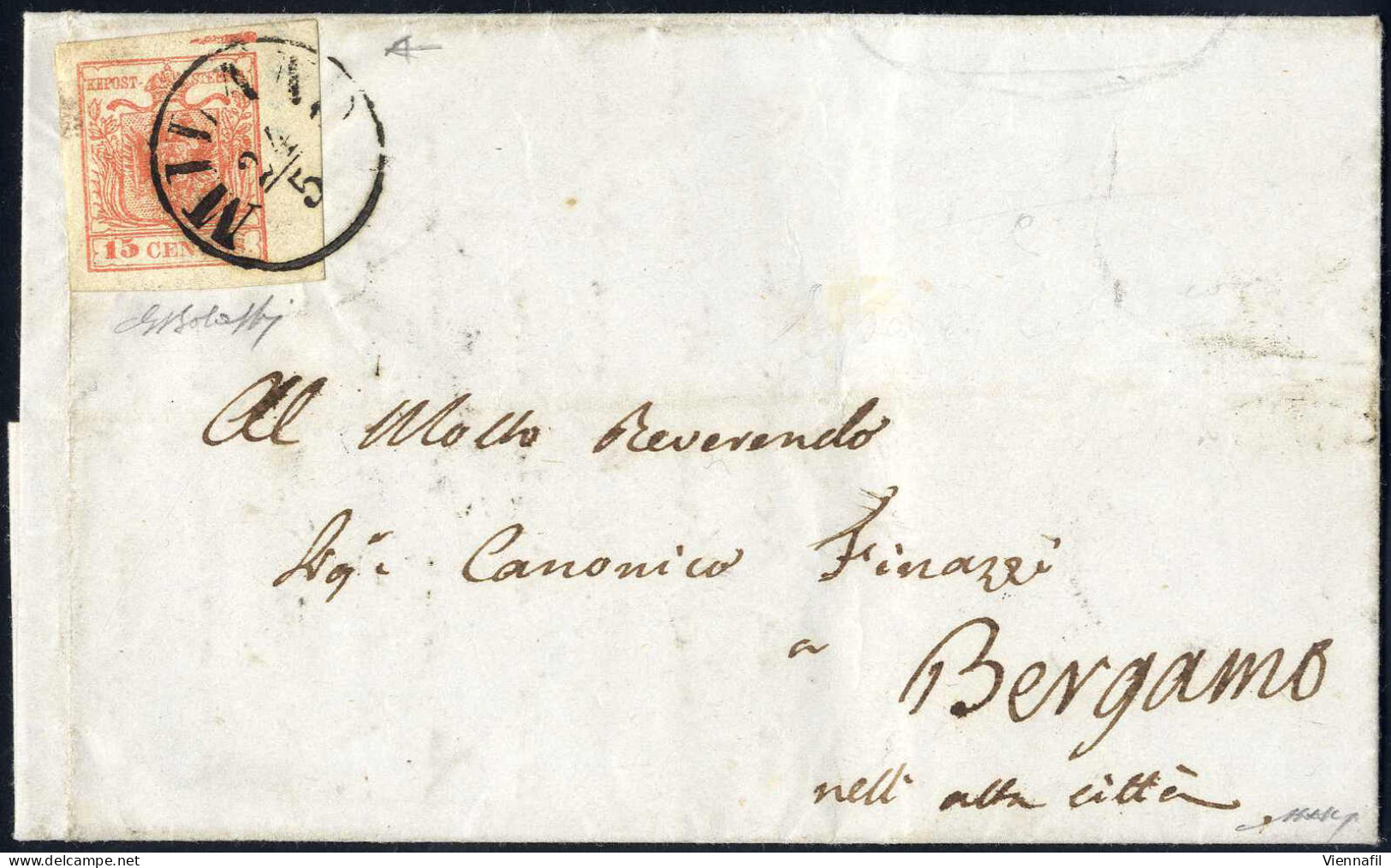 Cover 1856, Lettera Da Milano Del 24.5 Per Bergamo Affrancata Con 15 C. Rosa III Tipo Carta A Macchina, Spazio Tipografi - Lombardo-Vénétie