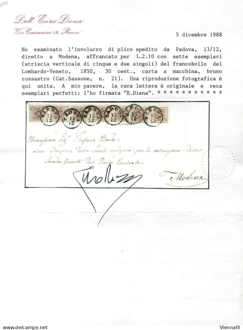 Cover 1855, Involucro Di Plico Da Padova Del 15.12 Per Modena Affrancato Con Striscia Verticale Di Cinque Più Due Del 30 - Lombardy-Venetia